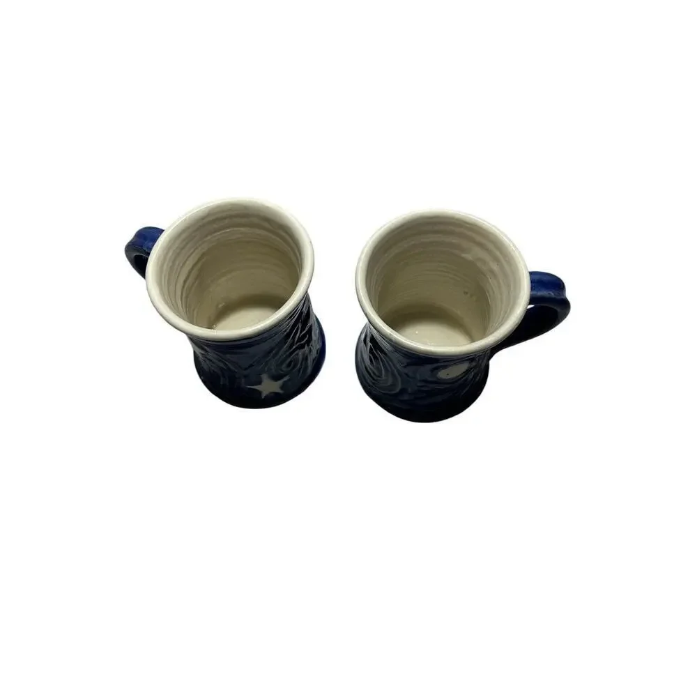 Handmade Art Ceramic Pottery Pair Of Sun And Moon Mugs Blue And White 2 Cups